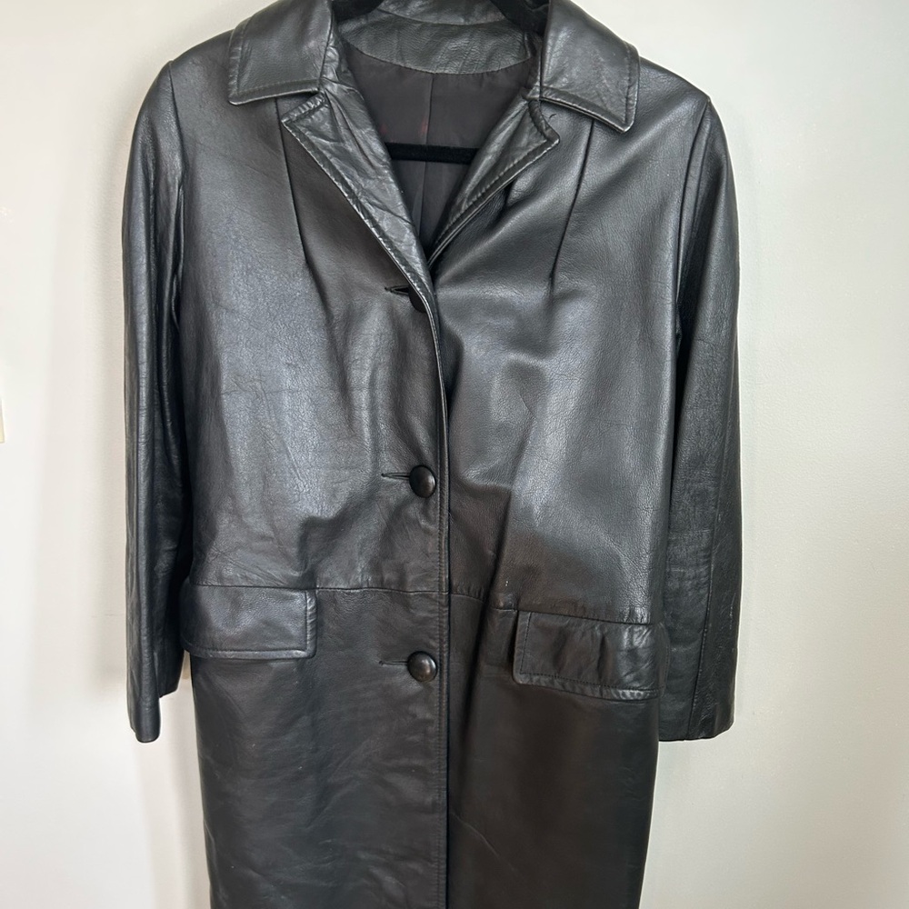 Vintage 1960s Black Leather trench coat with back belt, pockets and big buttons